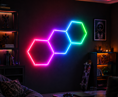 接続可能なハニーコムモジュラーRGB LED六角光システム ギャラージジムワークショップとオフィス天井照明ニーズのために設計