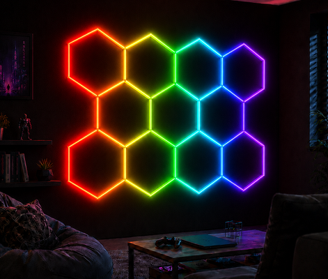 良い価格 RGB LED ヘクサゴナルライト モジュラルのハニーキャブパネル ギャラージジム ワークショップとオフィスに適したスタイリッシュな照明ソリューション オンライン